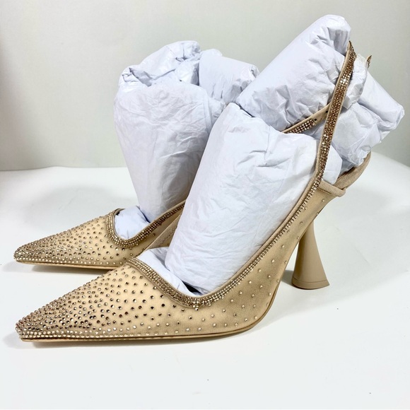 Cult Gaia Diya Pointed Toe Crystal Ankle Strap Pumps Heels Sand Dollar NEW - Picture 12 of 16